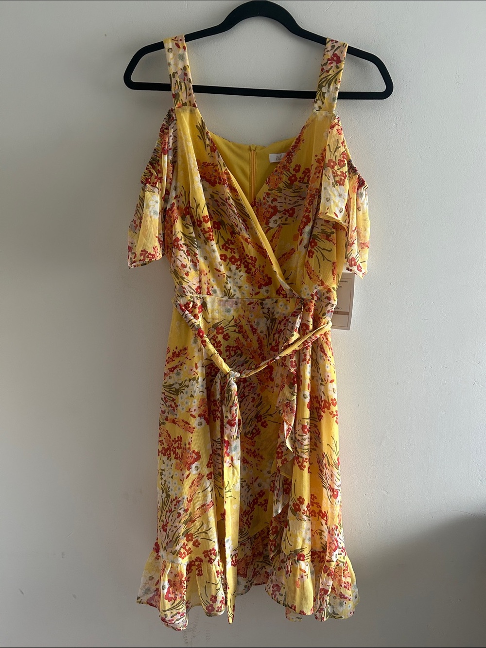 Bleecker126, Woman’s Size 12- Bright Yellow Floral Cold-Shoulder Wrap Mini Dress